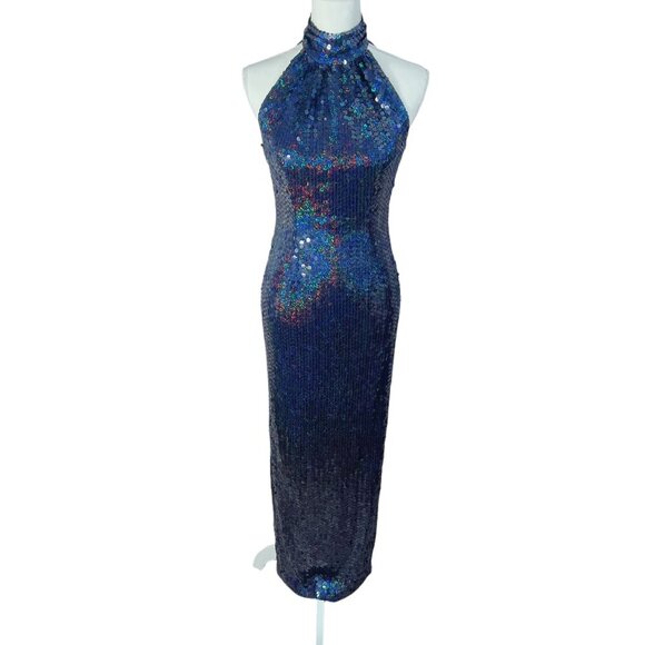 Adrianna Papell Evening Dress Navy Blue Iridescent Sequins Column Gown Size 2 - Picture 1 of 11